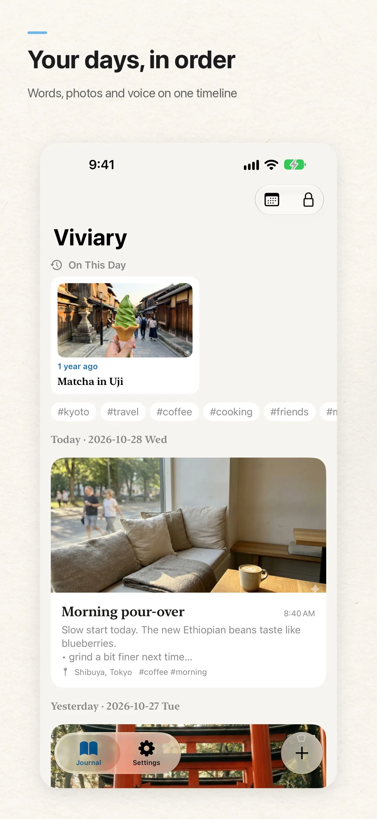 Viviary’s English App Store preview: a visual timeline with a coffee shop entry, photos, and tags.