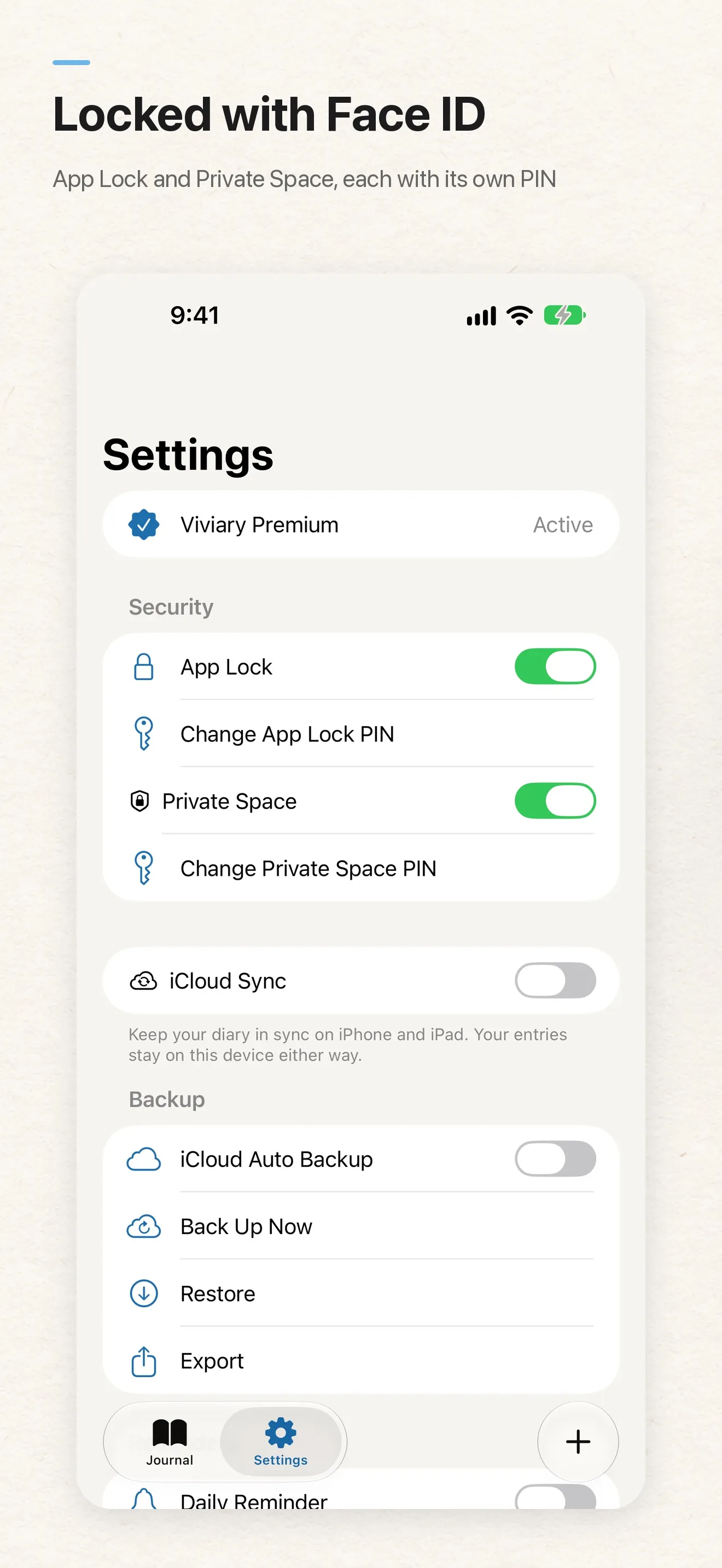 Viviary’s English App Store preview: App Lock, Private Space, backups, and exporting entries.